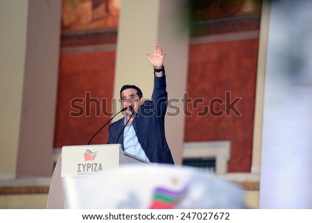 Athens, Greece Jan. 25, 2015. Leader of Syriza left-wing party Alexis Tsipras in his victory speech to his supporters outside Athens University. Syriza, won Sunday\'s general election.