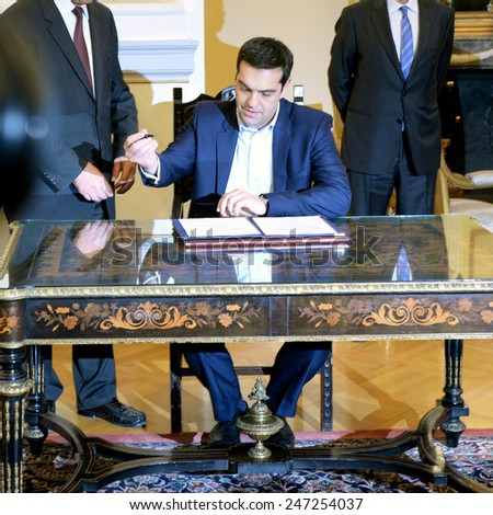 Athens, Greece, Jan. 26, 2015. Greece\'s Prime Minister Alexis Tsipras, is sworn in with a secular oath at the Presidential Palace in Athens.