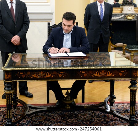 Athens, Greece, Jan. 26, 2015. Greece\'s Prime Minister Alexis Tsipras, is sworn in with a secular oath  at the Presidential Palace in Athens.