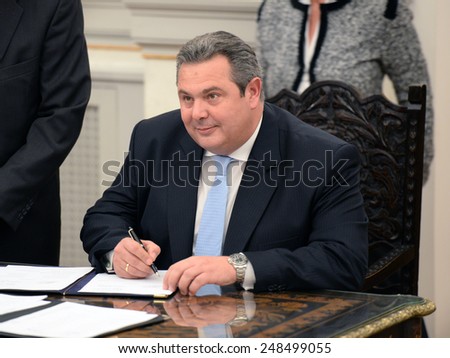 Greece, Athens, Jan. 27, 2015. New Greek Defense Minister Panos Kammenos, leader of the right-wing party called \