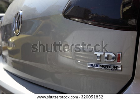 Athens Greece Sept. 23 2015. Close up of Volkswagen logo ,TDI model.