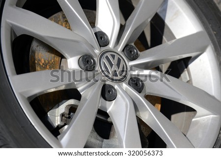 Athens Greece Sept. 23 2015. Close up of Volkswagen logo on wheel,TDI model.