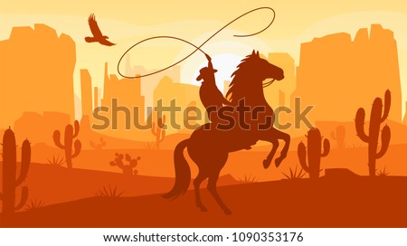 Vector desert landscape with cowboy on horse, mountains, cactus and eagle in the sky. Wild West Texas in flat cartoon style. Silhouette vector illustration.