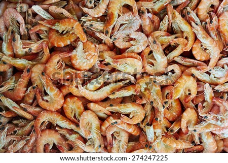 Frozen shrimp in a supermarket close-up