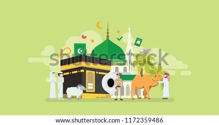 Mekkah Hajj And Umrah Season Islamic Prayer Tiny People Character Concept Vector Illustration, Suitable For Wallpaper, Banner, Background, Card, Book Illustration, And Web Landing Page