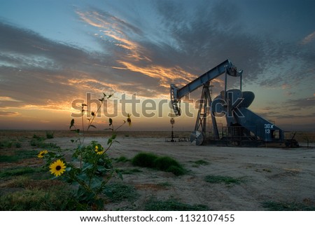 California crude oil wells, energy, and fossil fuel industry, with background of setting sun.