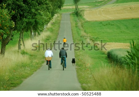 Cyclists and dog are walking on a road