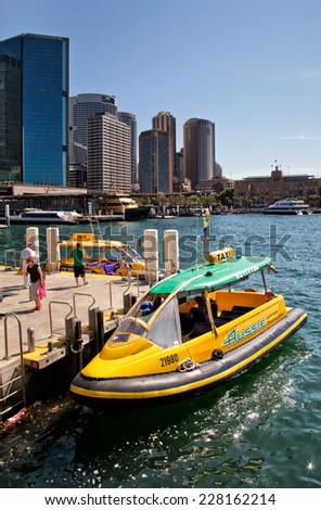 SYDNEY,AUSTRALIA - OCTOBER 19,2014: Water taxis moored at Circular Quay. Available pre-booked or on-the-fly, water taxis are a flexible but expensive alternative to ferries in Sydney.