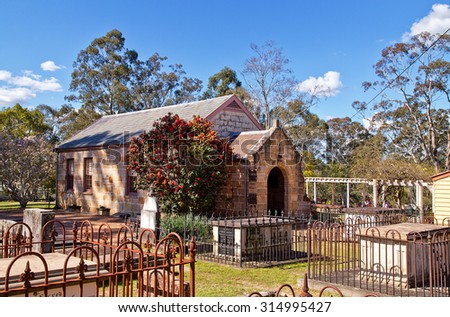 WILBERFORCE,AUSTRALIA - AUGUST 30,2015: The graveyard and main building of Ebenezer Church, the oldest surviving church in Australia. A surgeon from the First Fleet is buried here.