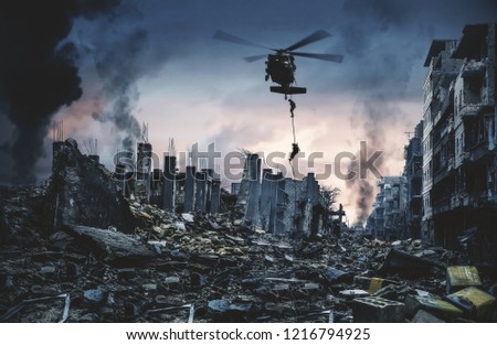 helicopter and forces in destroyed city
