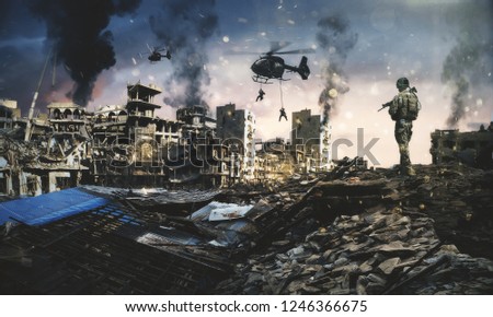 helicopter and forces in destroyed city