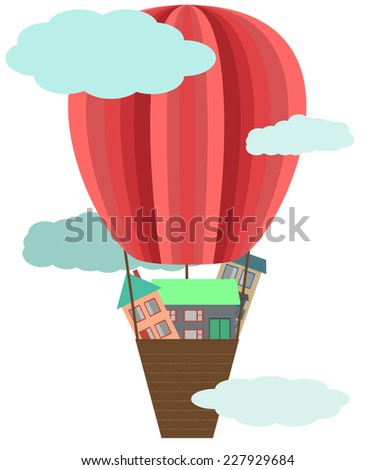 Flat design hot air balloon with modern houses in the basket and clouds. Transportation apartment buildings for construction