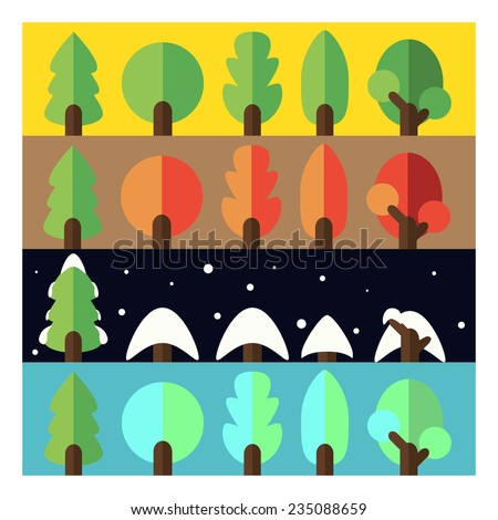Illustration of four seasons: summer, autumn, winter, spring. Flat trees on color backgrounds