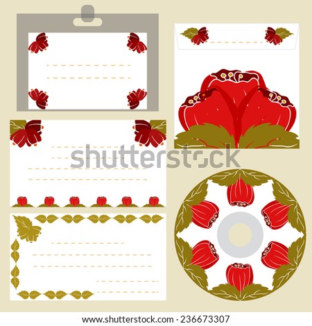 Illustration of badge, CD, envelope and visiting cards with flower decor. Corporate style template. EPS10