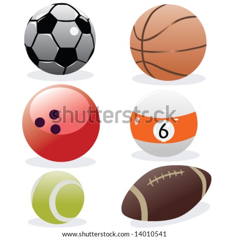 set of sports balls (soccer, american football, tennis, basketball, bowling, billiard)