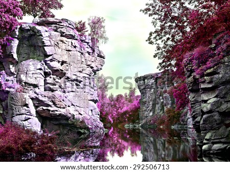 Purple infrared landscape. Beautiful rocky canyon with river (Hirskyy Tikich) in Buky village, Ukraine