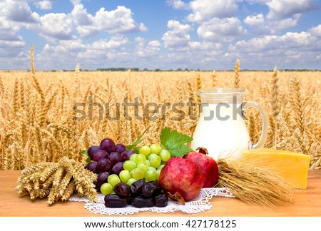 Grapes, dates, garnets, barley, wheat, milk and cheese on the wooden table on a background field wheat and blue sky with clouds