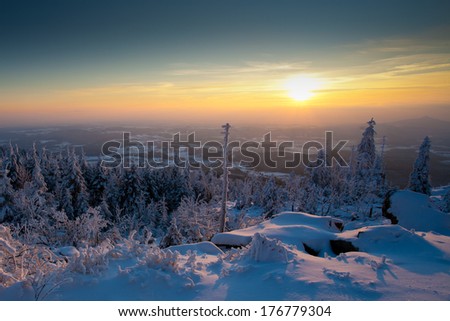 snowy landscape and sunset, winter sunset