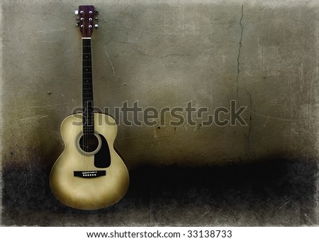 Spanish guitar on old wall, copy spaced.