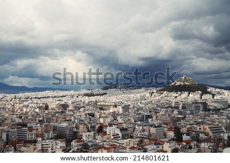 View of Athens, Greece. View of the Lycabettus.Stormy and rainy sky.
