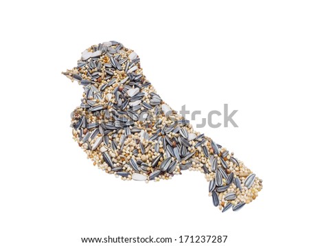 Millet and sunflower seed Bird food in bird shape isolated