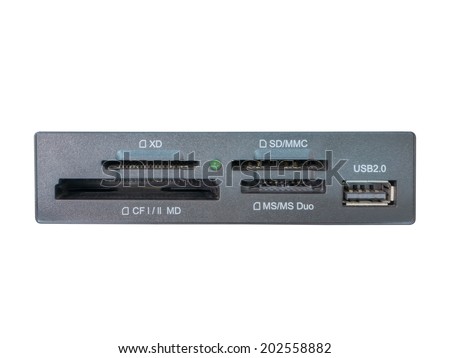 Front view of card reader and USB port to built in computer system unit.isolated on white background