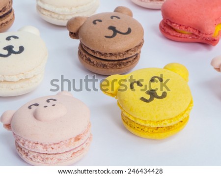 Close up macaroons animal and heart shape on white background