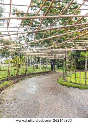 Structure bamboo roof for vine creeper plant over footpath in the park