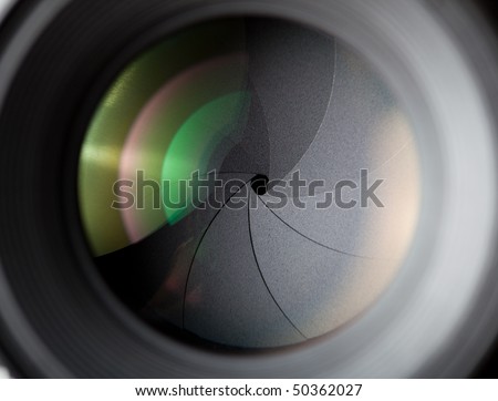 Macro shot of photographic lens. Focus on shutter