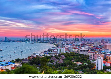 The building and skyscrapers in twilight time in Pattaya,Thailand. Pattaya city is famous about sea sport and night life entertainment.
