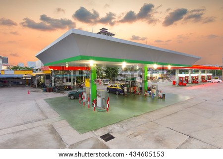 Gas station and Petrol station at sunset.