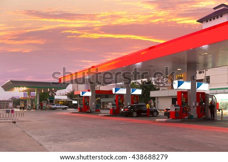 Petrol station and Gas station at sunset.