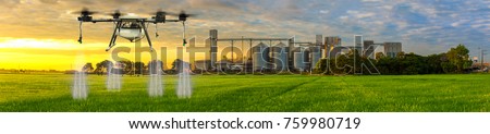 Agriculture drone flying on the green rice fields with Agricultural Silos in the background.