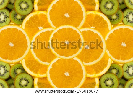 Fruity background set of slices of orange fruit and kiwi. Many slices of kiwi fruit and orange fruit, Fresh kiwis and orange fruit, interesting fruit composition