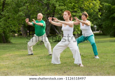 group of people practice Tai Chi Chuan in a park.  Chinese management skill Qi\'s energy.