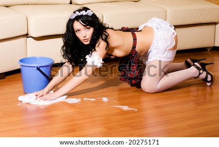 very sexy beautiful brunette maid washing the floor