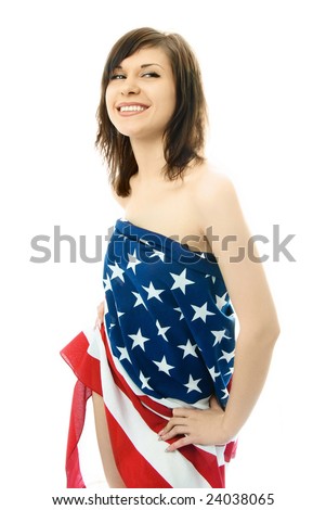 Beautiful Sexy Young Woman Wrapped Into The American Flag, Isolated