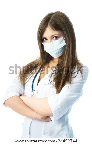 young beautiful hospital worker wearing uniform and a protective mask