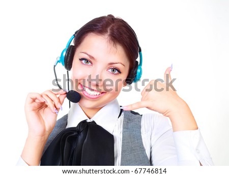 beautiful woman  working in the call-center   and showing a CALL ME sign