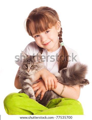 happy cute five year old girl  with her cat, isolated against white background