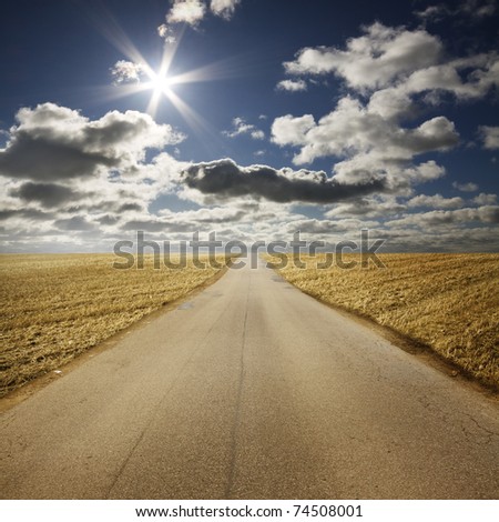 road receding past golden field in Summery countryside with blue sky,