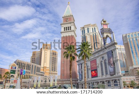 LAS VEGAS - DECEMBER 6, 2013: The Venetian and Palazzo casinos on the Strip,Las Vegas.. Palazzo hotel opened in 2008 and it is the tallest completed building in Las Vegas.