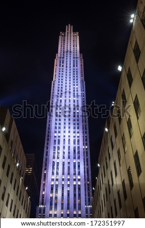 NEW YORK - DECEMBER 21,2013: Rockefeller center by night,New York.Rockefeller Center is a complex of 19 commercial buildings, built by the Rockefeller family