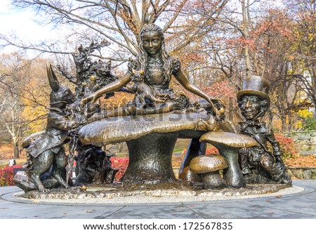 NEW YORK - NOVEMBER 22, 2013: Alice in Wonderland monument in Central Park,New York.The sculpture was constructed in 1959 by Jose de Creeft under the commission of philanthropist George Delacorte