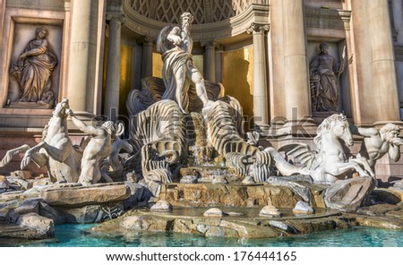 LAS VEGAS - DECEMBER 8, 2013: Trevi fountain replica in Las Vegas.This fountain belongs to Caesars Palace and it\'s the replica of Trevi fountain.