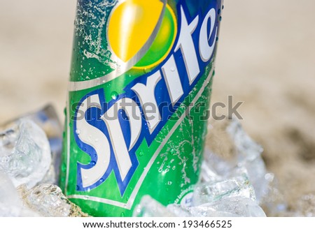 Rimini,Rivazzurra,IT. May 18,2014. Sprite can close up.Sprite is a colorless, lemon-lime flavored, caffeine-free soft drink, created by the Coca-Cola Company. It was developed in West Germany in 1959.