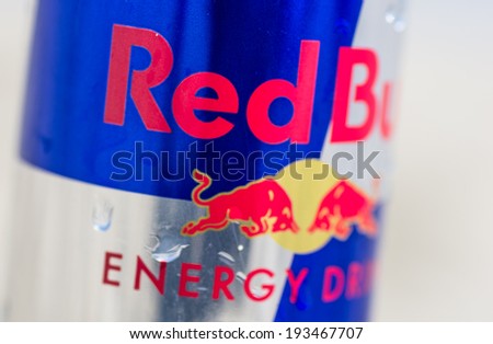 Rimini,Rivazzurra,IT. May 18,2014. Red Bull brand close up.Red Bull is an energy drink sold by the company Red Bull GmbH,created in 1987.Red Bull is the highest selling energy drink in the world