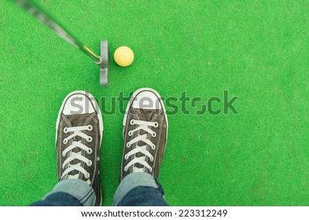 mini-golf. person with club and ball on the mini-golf court