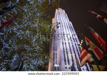 NEW YORK,USA - NOVEMBER 22, 2013:  Rockefeller Center decorated for Christmas time in New York City.Rockefeller Center is one of the most famous landmarks in New York City