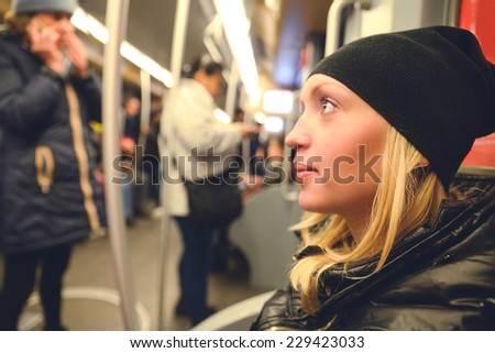 Real people in the subway - Portrait of woman traveling with underground train - Pendulars going to work